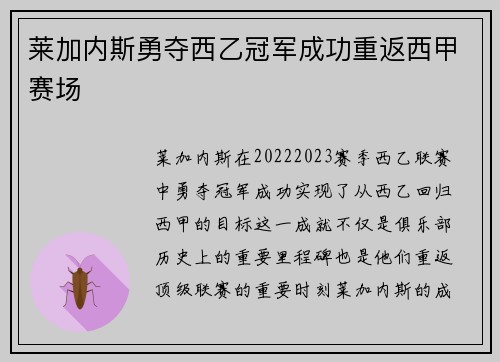 莱加内斯勇夺西乙冠军成功重返西甲赛场 莱加内斯勇夺西乙冠军成功重返西甲赛场